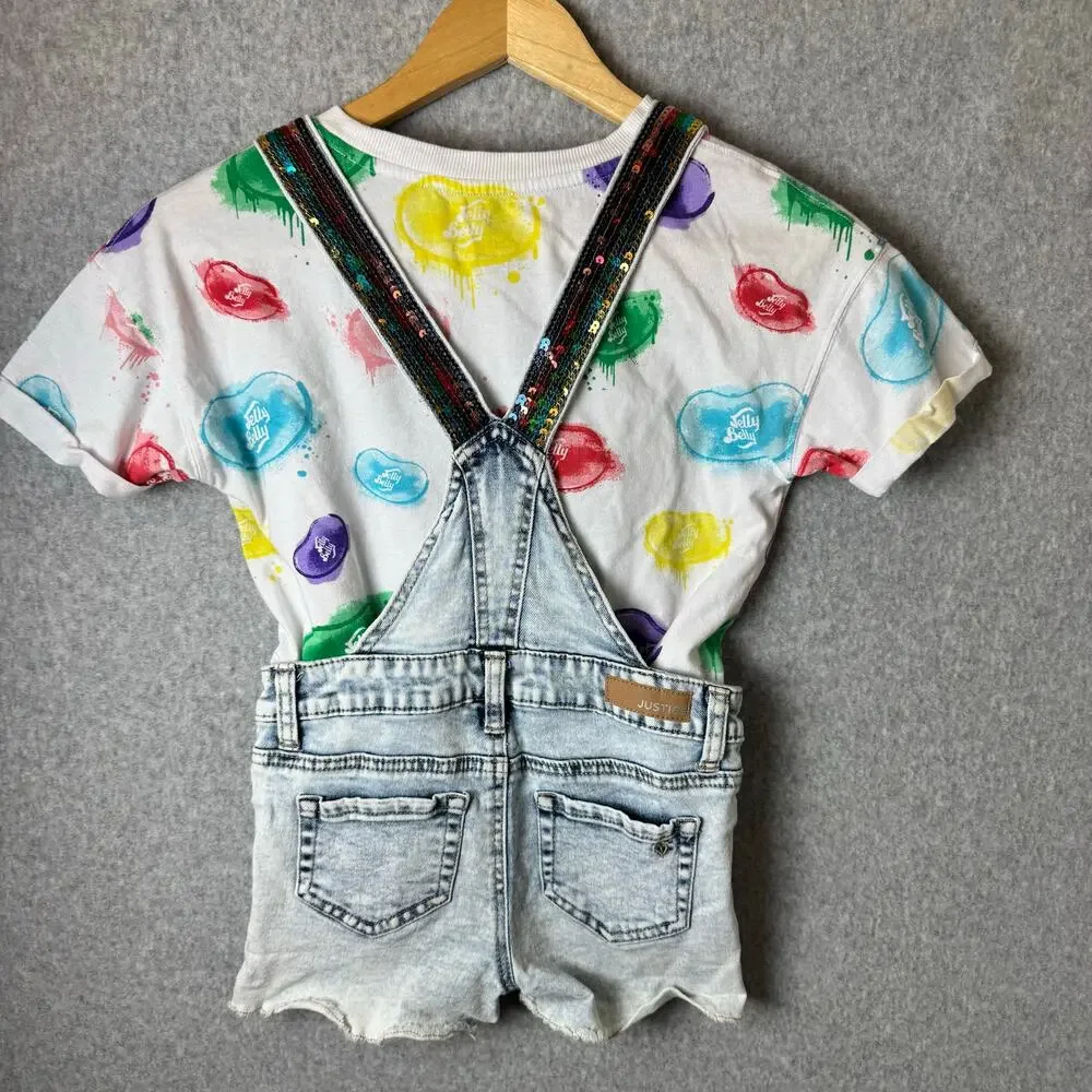 Vintage Justice Overalls & T-Shirt Jelly Belly Girls Size 7 Retro Rainbow Shorts